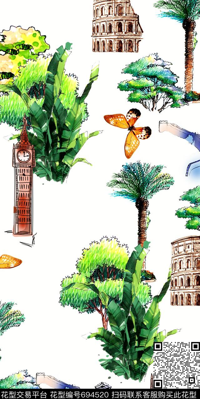 热带棕榈叶蝴蝶数码印花华亿平台下载（图片编号: 694520） - 瓦栏（Walan）