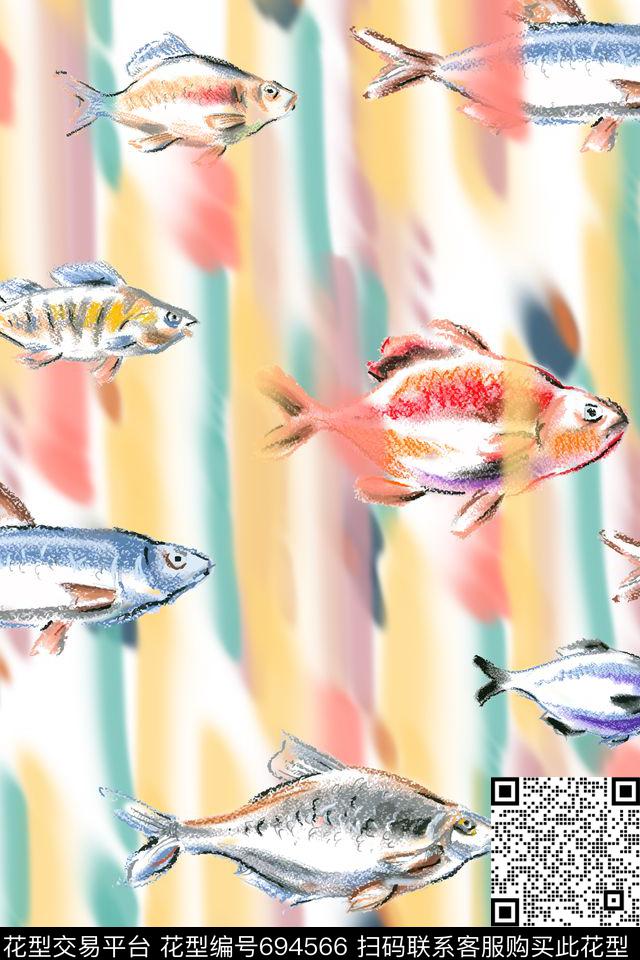 鱼手绘色彩笔触数码印花华亿平台下载（图片编号: 694566） - 瓦栏（Walan）
