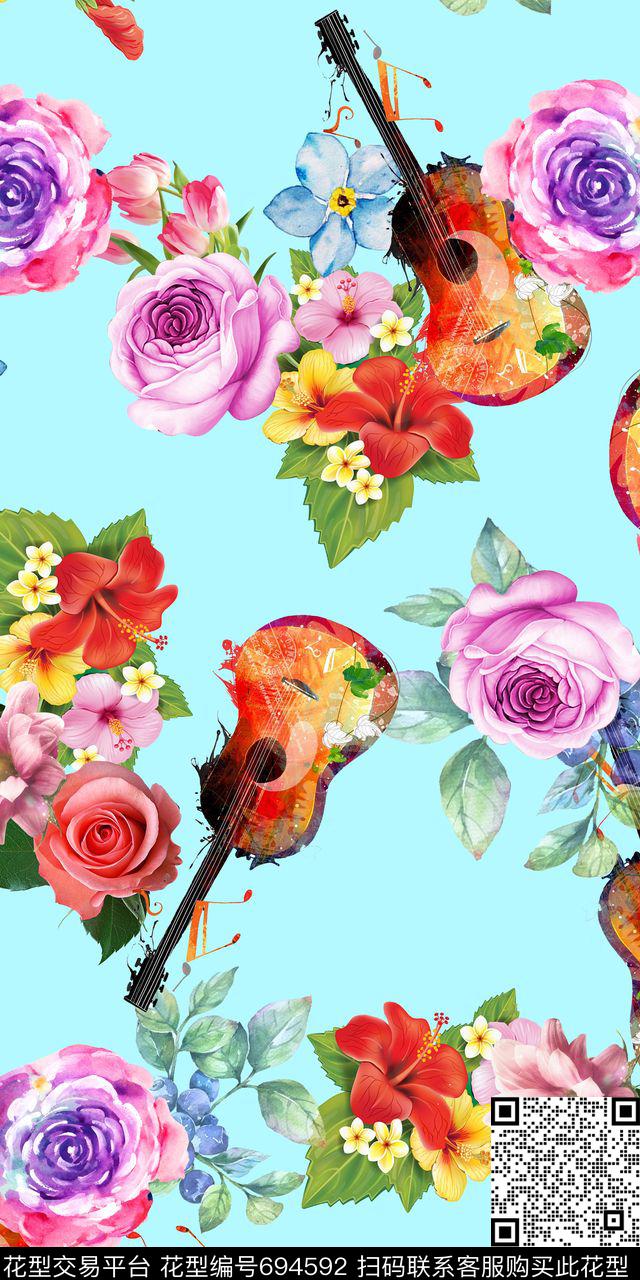 小提琴花卉鸡蛋花数码印花华亿平台下载（图片编号: 694592） - 瓦栏（Walan）