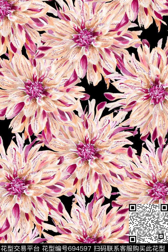 手绘绽放菊花数码印花华亿平台下载（图片编号: 694597） - 瓦栏（Walan）