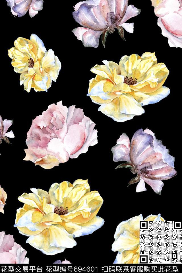 手绘满版花卉数码印花华亿平台下载（图片编号: 694601） - 瓦栏（Walan）