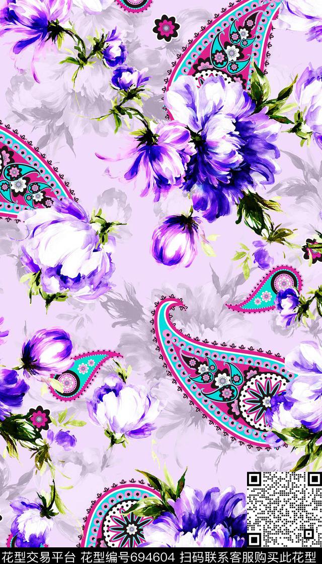 水彩色块花卉佩斯利明亮清新数码印花华亿平台下载（图片编号: 694604） - 瓦栏（Walan）
