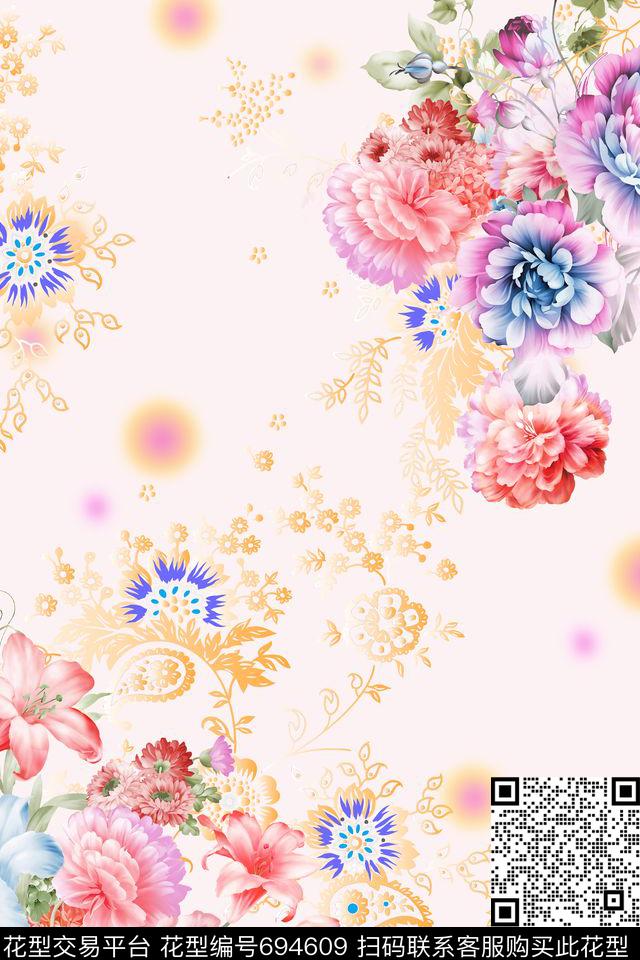 手绘花卉写实花卉五彩花卉数码印花华亿平台下载（图片编号: 694609） - 瓦栏（Walan）