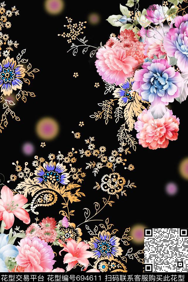 手绘花卉写实花卉五彩花卉数码印花华亿平台下载（图片编号: 694611） - 瓦栏（Walan）