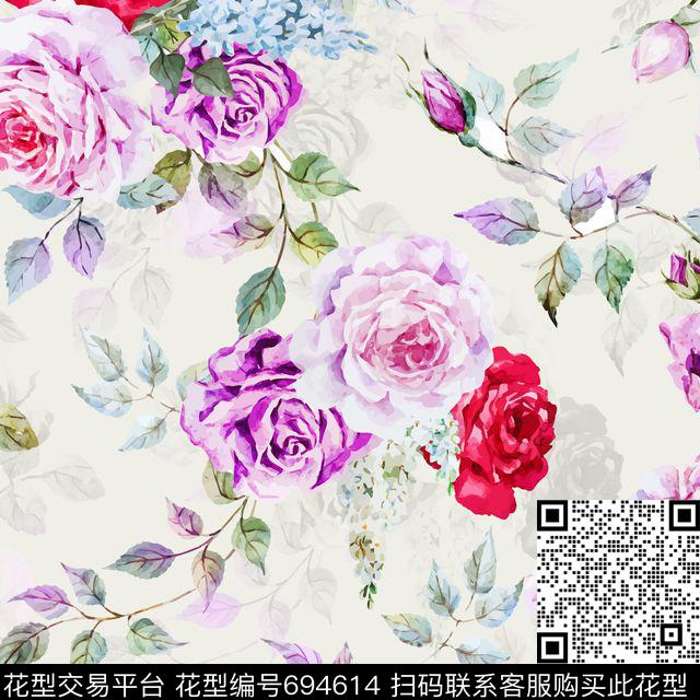玫瑰大花花朵数码印花华亿平台下载（图片编号: 694614） - 瓦栏（Walan）