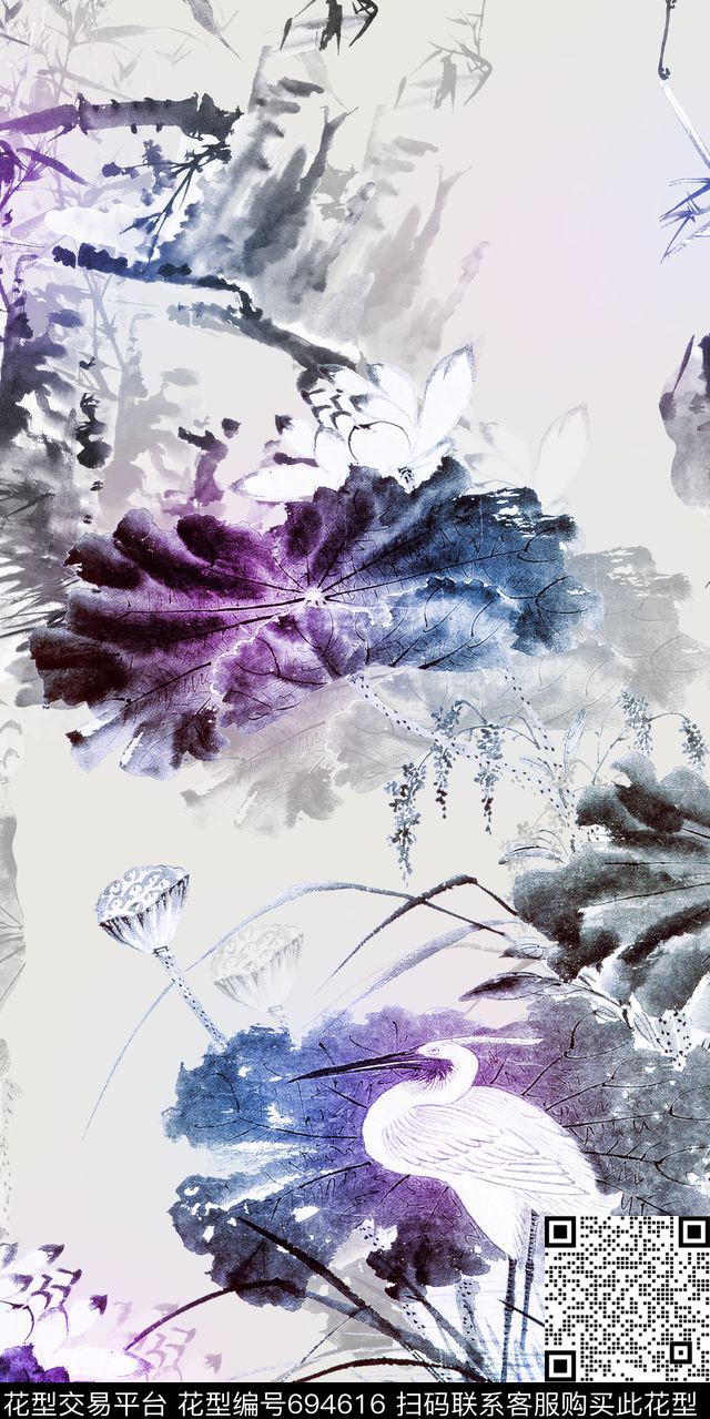 荷叶仙鹤荷花数码印花华亿平台下载（图片编号: 694616） - 瓦栏（Walan）