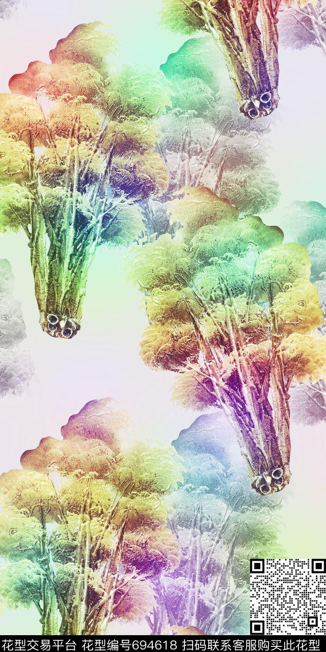 树叶树枝油画数码印花华亿平台下载（图片编号: 694618） - 瓦栏（Walan）