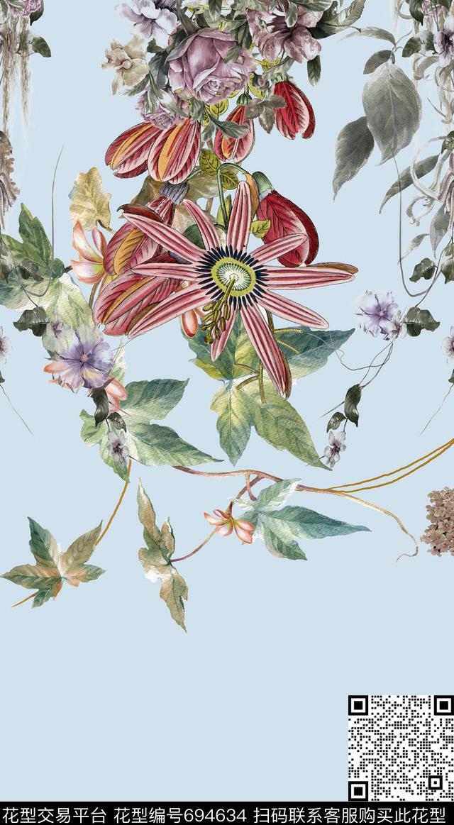 绿叶枝条花卉数码印花华亿平台下载（图片编号: 694634） - 瓦栏（Walan）