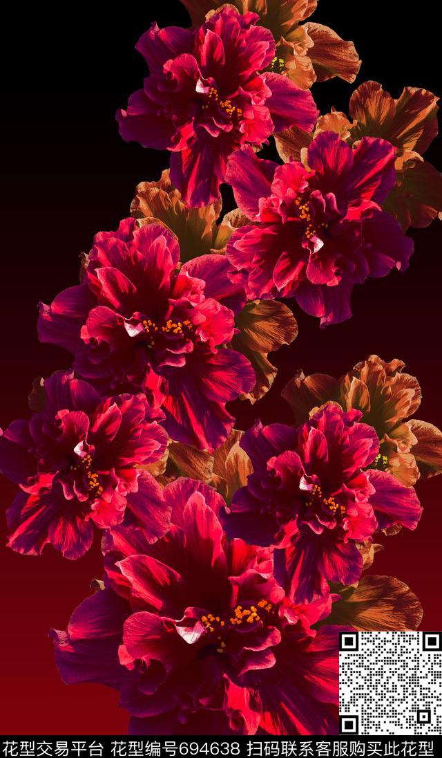 酒红花卉玫瑰数码印花华亿平台下载（图片编号: 694638） - 瓦栏（Walan）