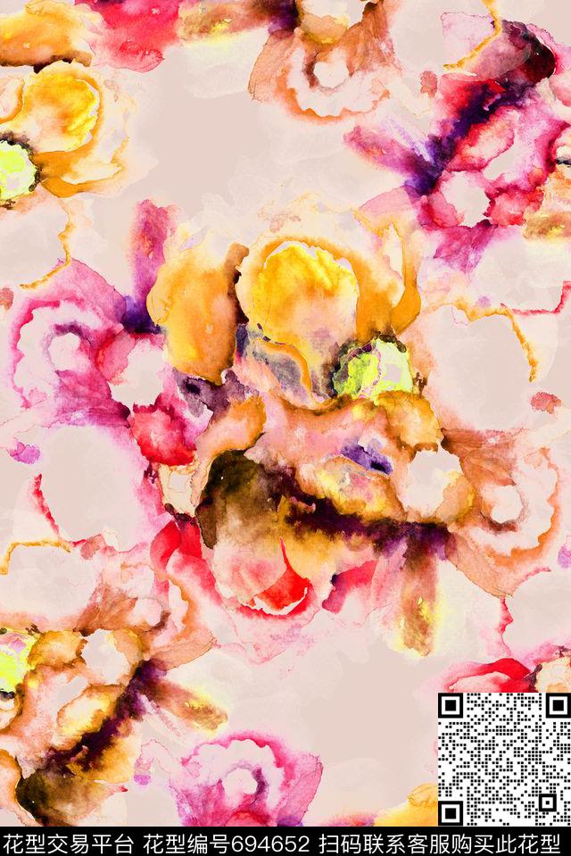 杏黄水彩花卉数码印花华亿平台下载（图片编号: 694652） - 瓦栏（Walan）