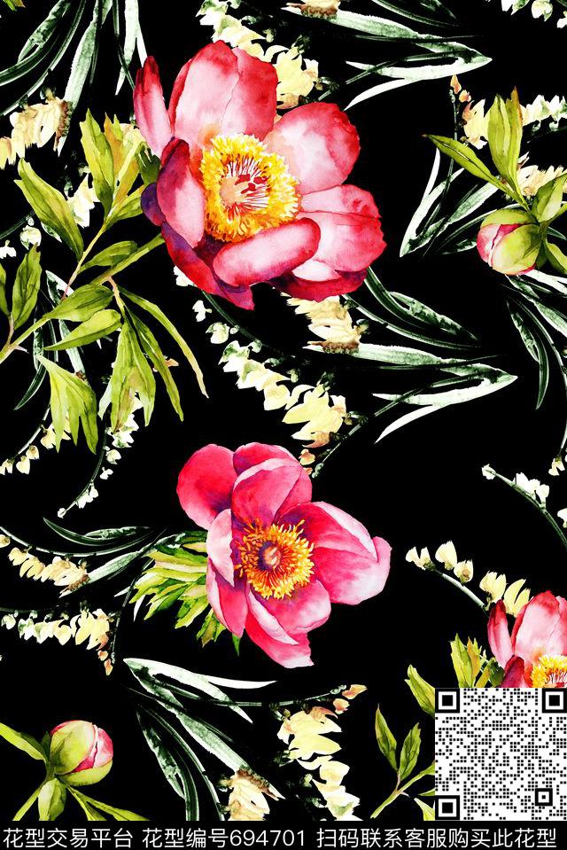 手绘花卉花草数码印花华亿平台下载（图片编号: 694701） - 瓦栏（Walan）