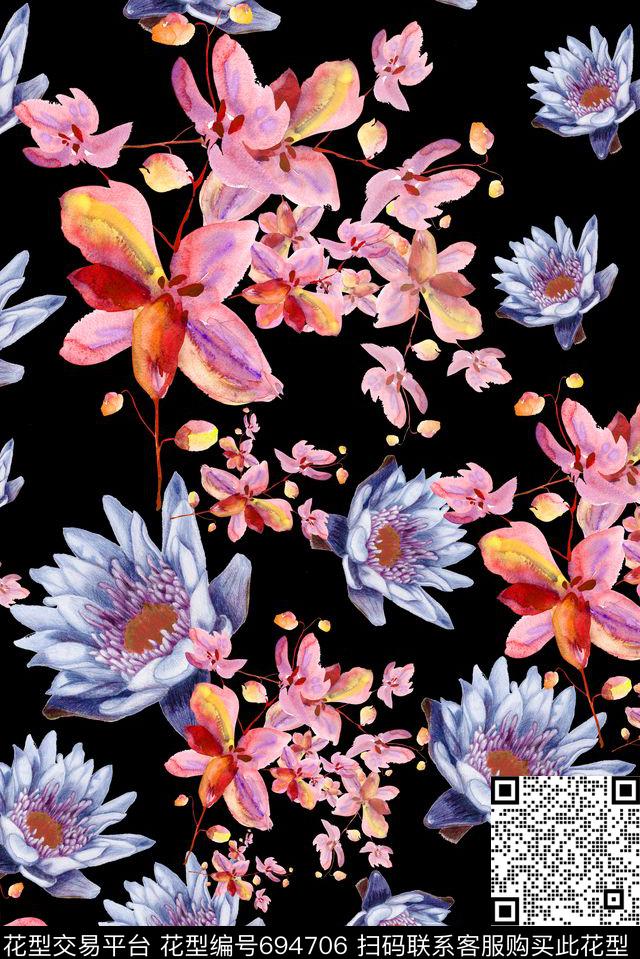 手绘绽放花卉数码印花华亿平台下载（图片编号: 694706） - 瓦栏（Walan）