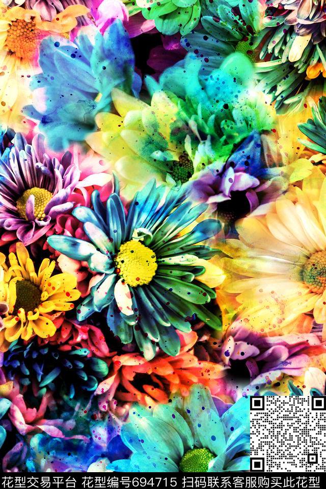 花卉雏菊水彩数码印花华亿平台下载（图片编号: 694715） - 瓦栏（Walan）