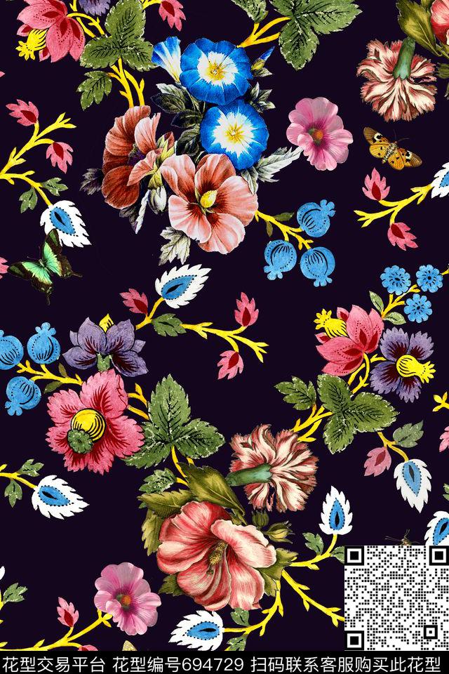 时尚手绘花卉数码印花华亿平台下载（图片编号: 694729） - 瓦栏（Walan）
