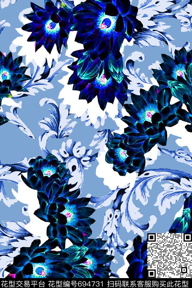 青花卷草花卉数码印花华亿平台下载（图片编号: 694731） - 瓦栏（Walan）