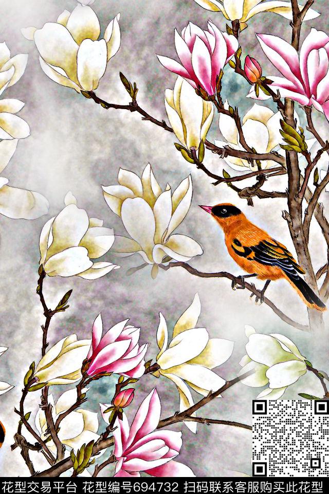 玉兰花鸟儿工笔画数码印花华亿平台下载（图片编号: 694732） - 瓦栏（Walan）
