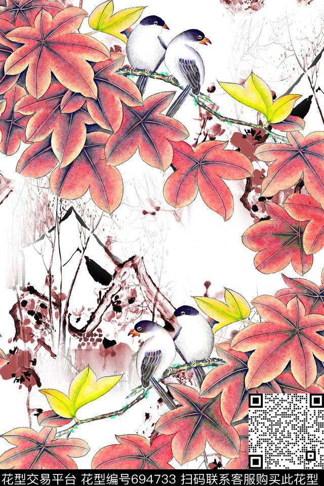 枫叶鸟儿中国风数码印花华亿平台下载（图片编号: 694733） - 瓦栏（Walan）