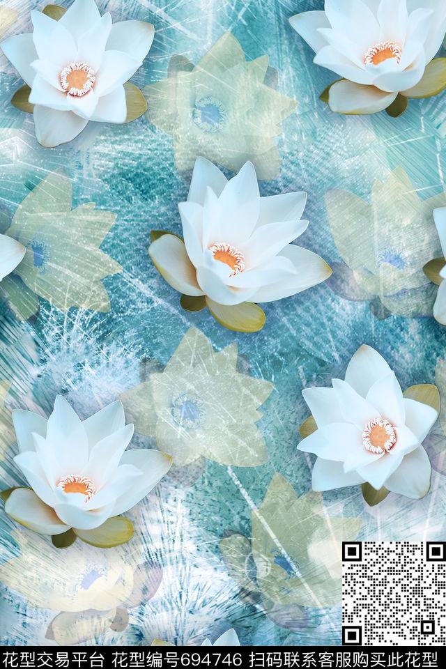 纹理荷花花朵数码印花华亿平台下载（图片编号: 694746） - 瓦栏（Walan）
