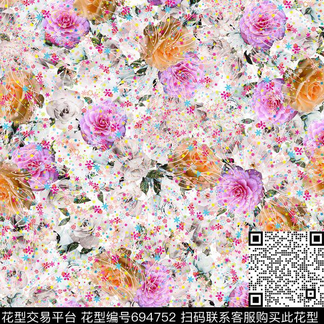 colorfull复古朦胧花卉数码印花华亿平台下载（图片编号: 694752） - 瓦栏（Walan）
