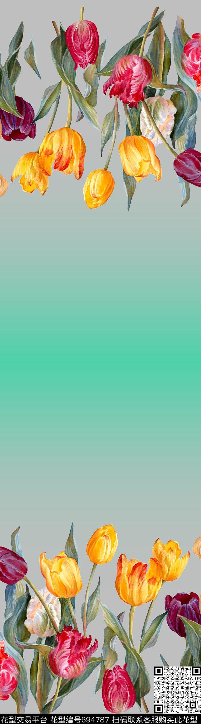 定位手绘郁金香数码印花华亿平台下载（图片编号: 694787） - 瓦栏（Walan）