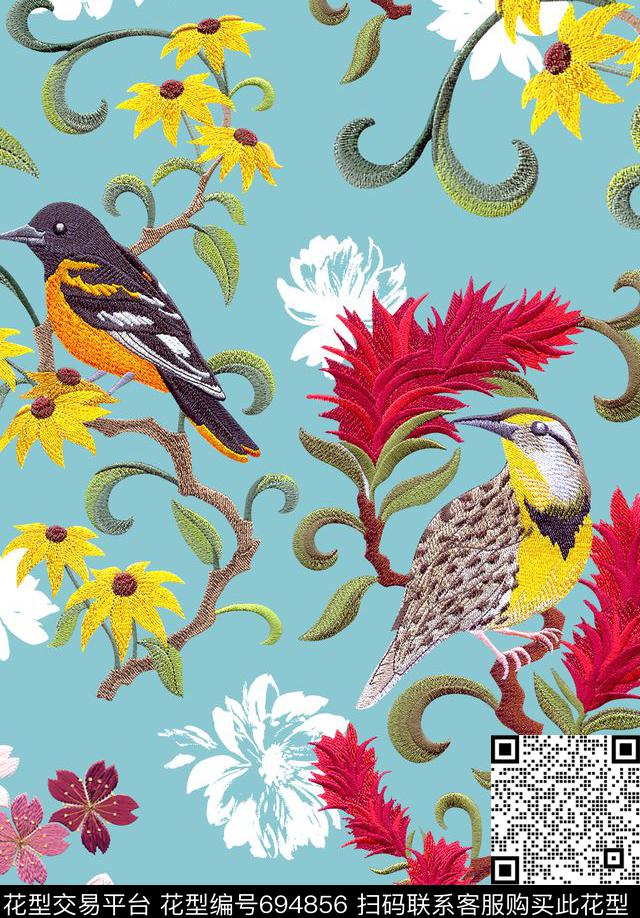 刺绣花鸟D&G杜嘉班纳数码印花华亿平台下载（图片编号: 694856） - 瓦栏（Walan）