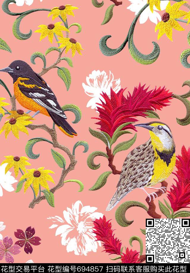 刺绣花鸟D&G杜嘉班纳数码印花华亿平台下载（图片编号: 694857） - 瓦栏（Walan）