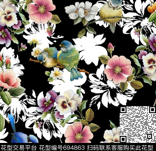 刺绣花鸟D&G杜嘉班纳数码印花华亿平台下载（图片编号: 694863） - 瓦栏（Walan）