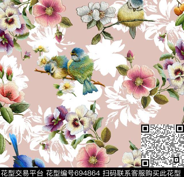 刺绣花鸟D&G杜嘉班纳数码印花华亿平台下载（图片编号: 694864） - 瓦栏（Walan）