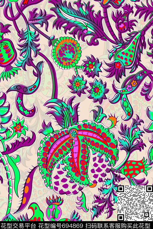 卷草纹花朵花卉传统印花华亿平台下载（图片编号: 694869） - 瓦栏（Walan）