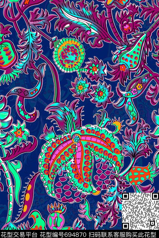 卷草纹花朵花卉传统印花华亿平台下载（图片编号: 694870） - 瓦栏（Walan）