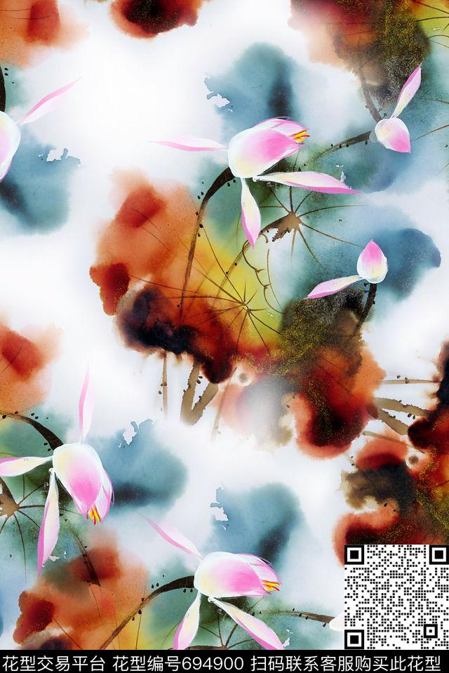 大花荷花动感中国风数码印花华亿平台下载（图片编号: 694900） - 瓦栏（Walan）
