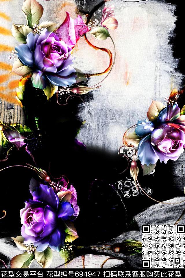 抽象花卉面料花花朵数码印花华亿平台下载（图片编号: 694947） - 瓦栏（Walan）