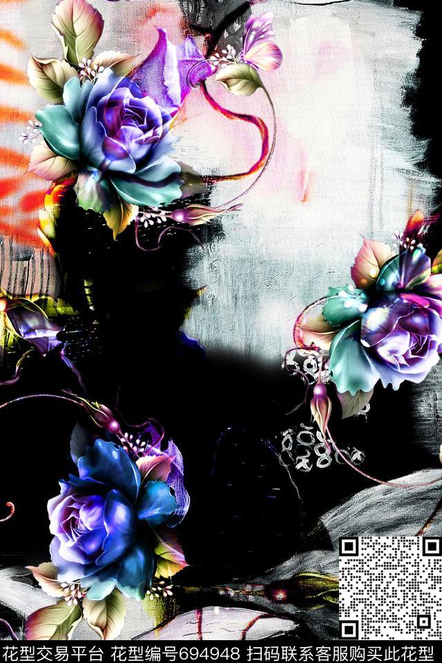 抽象花卉面料花花朵数码印花华亿平台下载（图片编号: 694948） - 瓦栏（Walan）