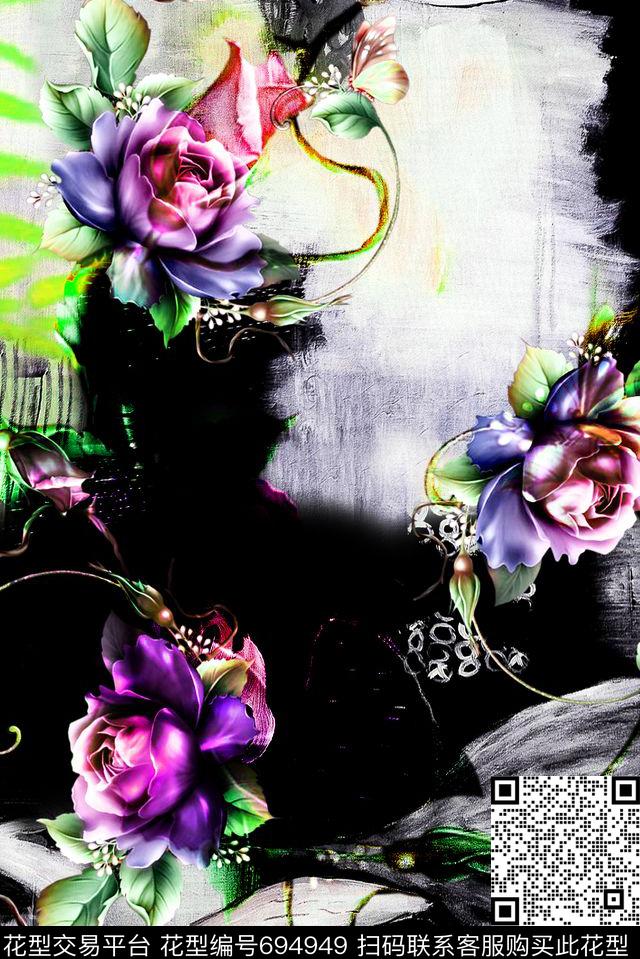 抽象花卉面料花花朵数码印花华亿平台下载（图片编号: 694949） - 瓦栏（Walan）