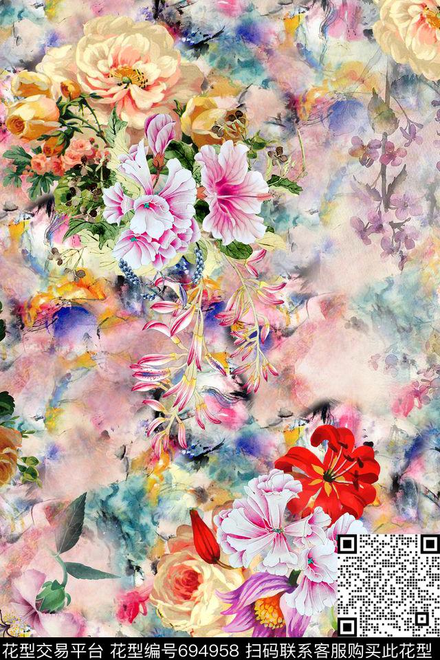 水彩花卉朦胧底纹。散花数码印花华亿平台下载（图片编号: 694958） - 瓦栏（Walan）