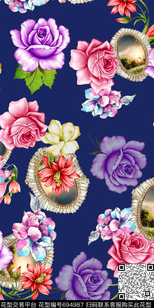 金属相框花卉水彩数码印花华亿平台下载（图片编号: 694987） - 瓦栏（Walan）