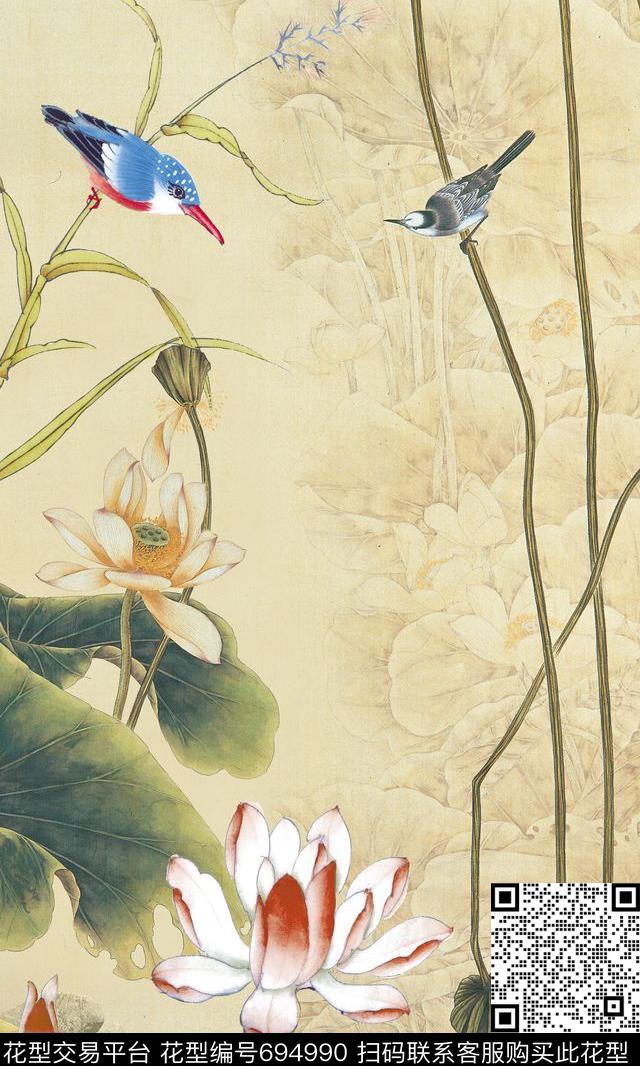 水墨花卉中国风定位荷花数码印花华亿平台下载（图片编号: 694990） - 瓦栏（Walan）