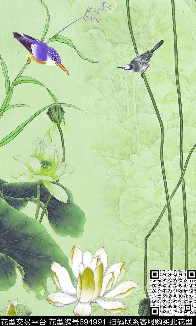 水墨花卉中国风定位荷花数码印花华亿平台下载（图片编号: 694991） - 瓦栏（Walan）