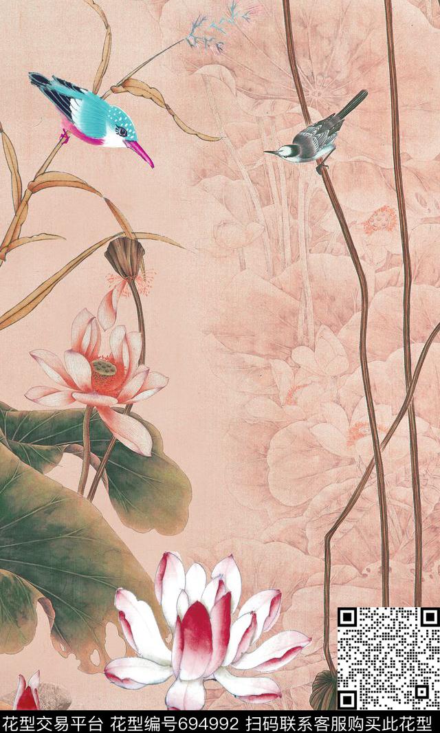 水墨花卉中国风定位荷花数码印花华亿平台下载（图片编号: 694992） - 瓦栏（Walan）