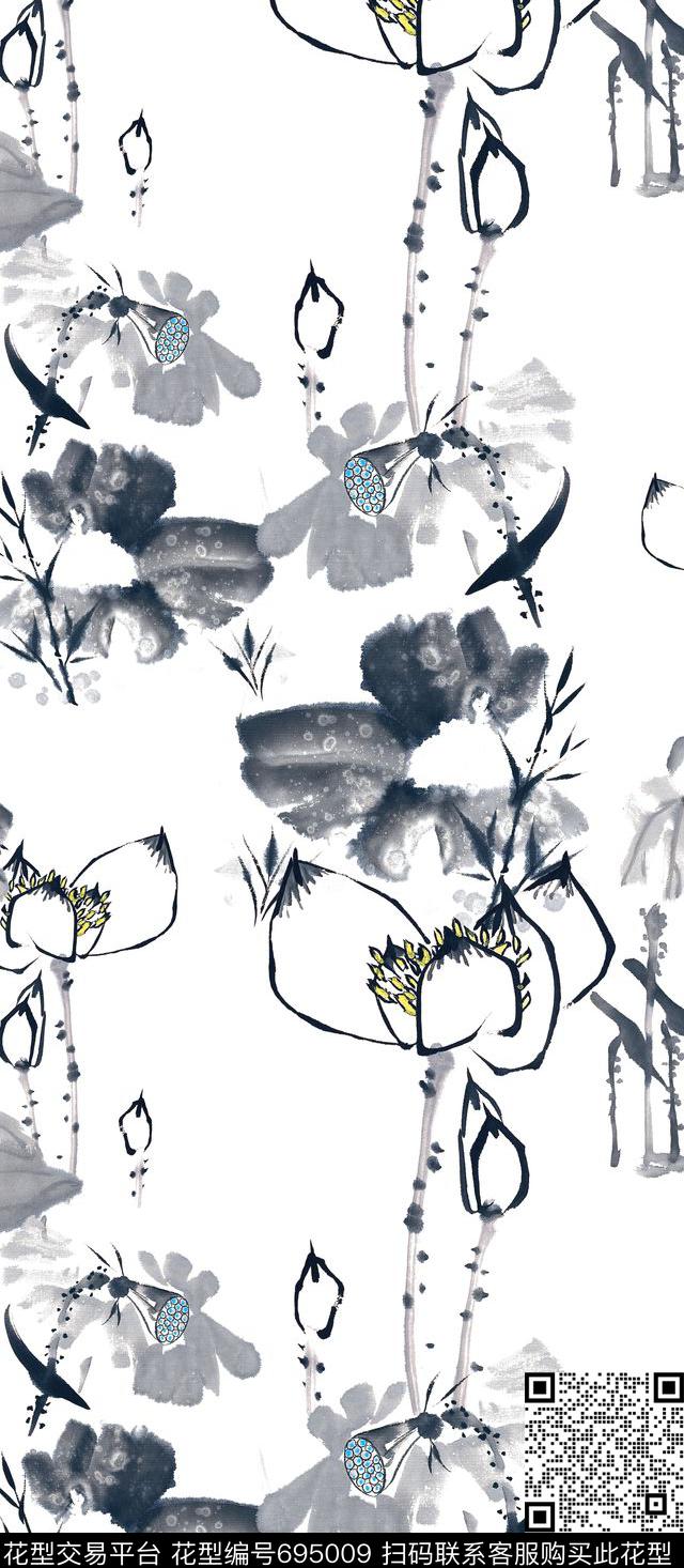 山水画MAX-中国风水墨荷花数码印花华亿平台下载（图片编号: 695009） - 瓦栏（Walan）