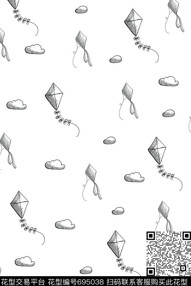 风筝云朵趣味传统印花华亿平台下载（图片编号: 695038） - 瓦栏（Walan）