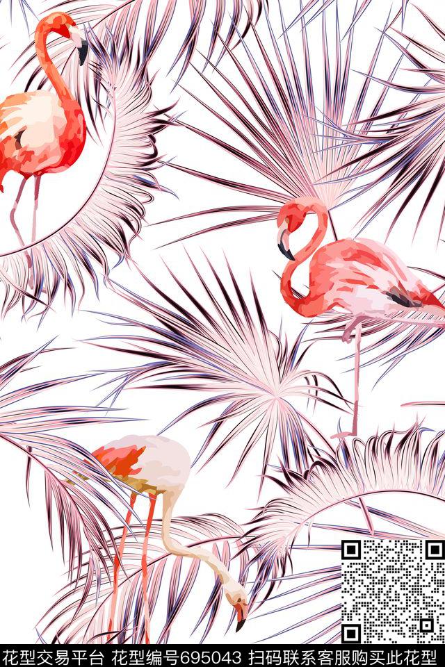 火烈鸟棕榈叶热带风数码印花华亿平台下载（图片编号: 695043） - 瓦栏（Walan）