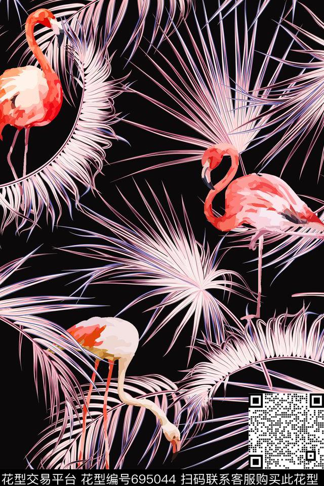 火烈鸟棕榈叶热带风数码印花华亿平台下载（图片编号: 695044） - 瓦栏（Walan）