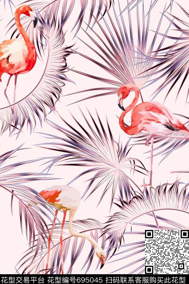 火烈鸟棕榈叶热带风数码印花华亿平台下载（图片编号: 695045） - 瓦栏（Walan）