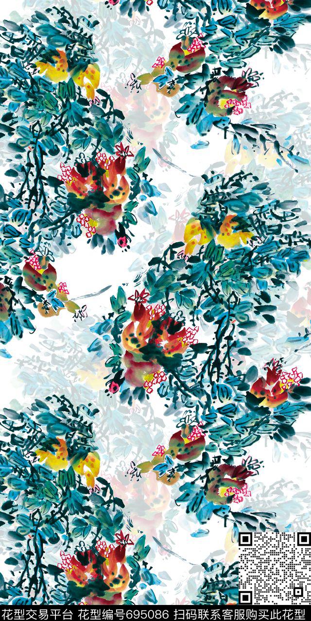 国画石榴果实中国风MAX-中国风数码印花华亿平台下载（图片编号: 695086） - 瓦栏（Walan）