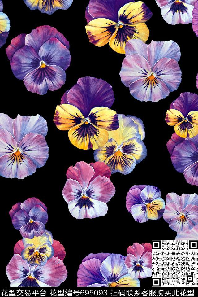 手绘热带紫色数码印花华亿平台下载（图片编号: 695093） - 瓦栏（Walan）