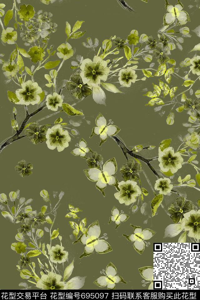 手绘抽象花卉数码印花华亿平台下载（图片编号: 695097） - 瓦栏（Walan）
