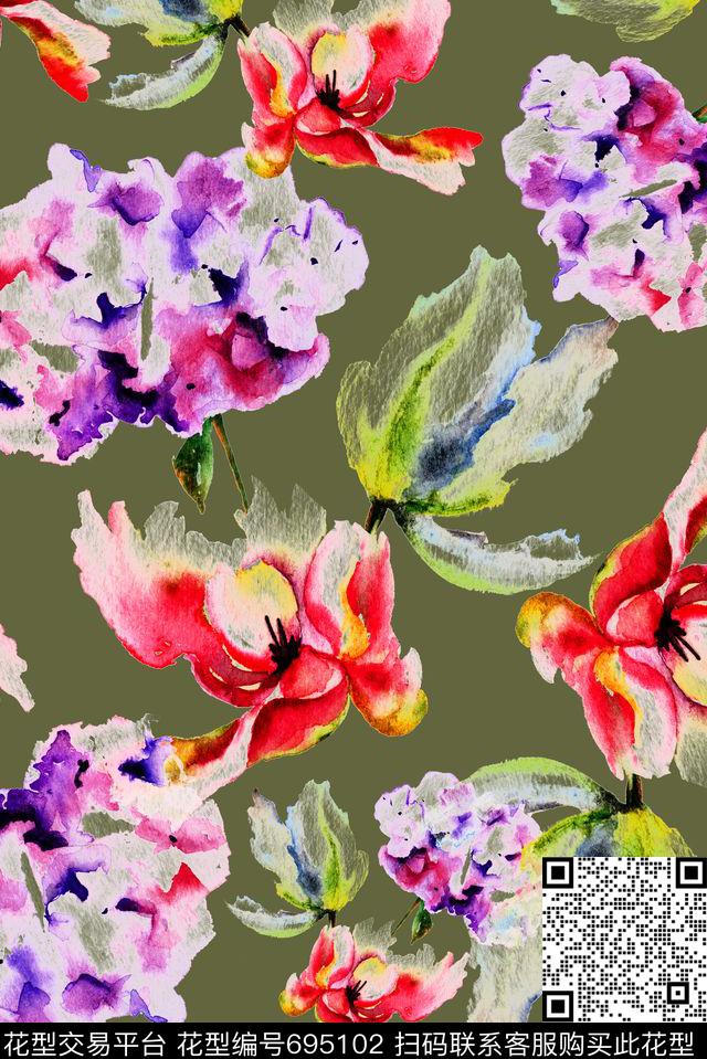 手绘抽象花卉数码印花华亿平台下载（图片编号: 695102） - 瓦栏（Walan）