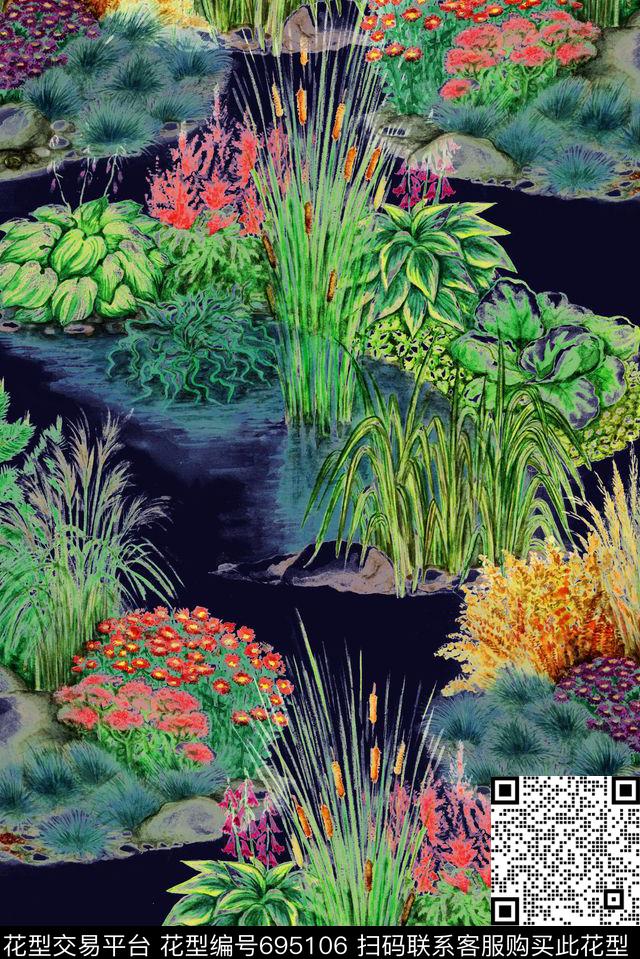 手绘抽象花草数码印花华亿平台下载（图片编号: 695106） - 瓦栏（Walan）