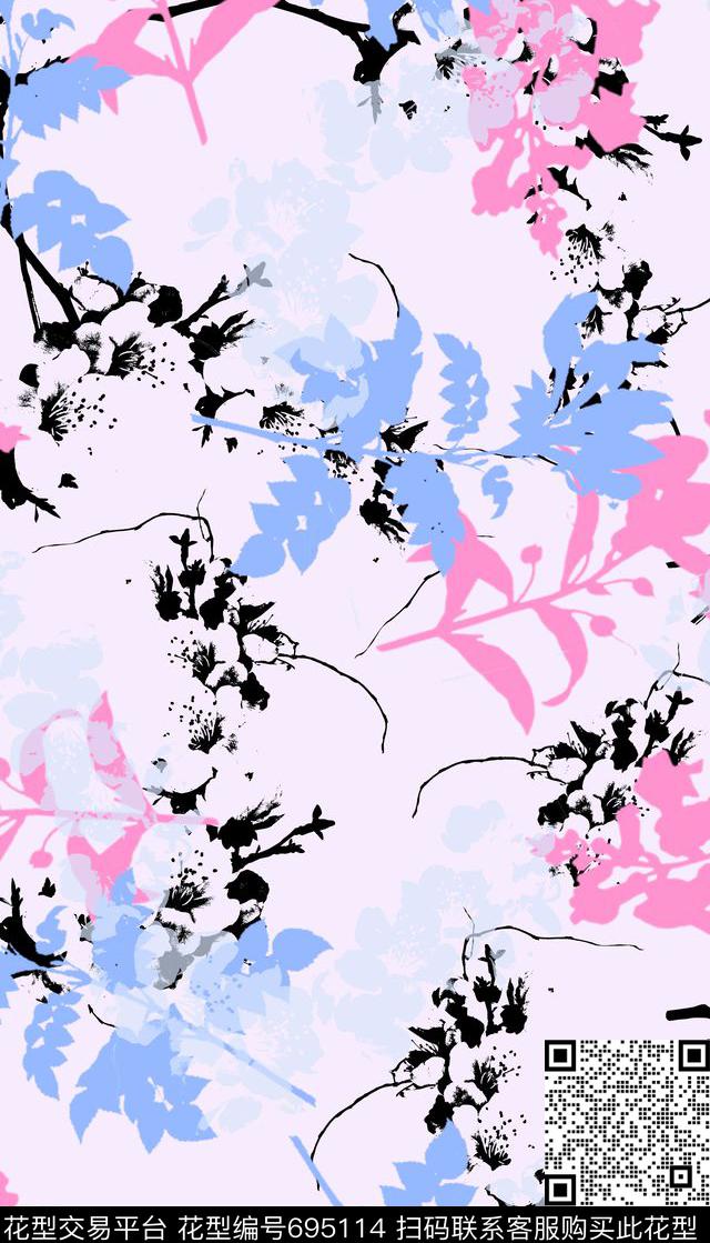 传统花卉小清新花枝传统印花华亿平台下载（图片编号: 695114） - 瓦栏（Walan）